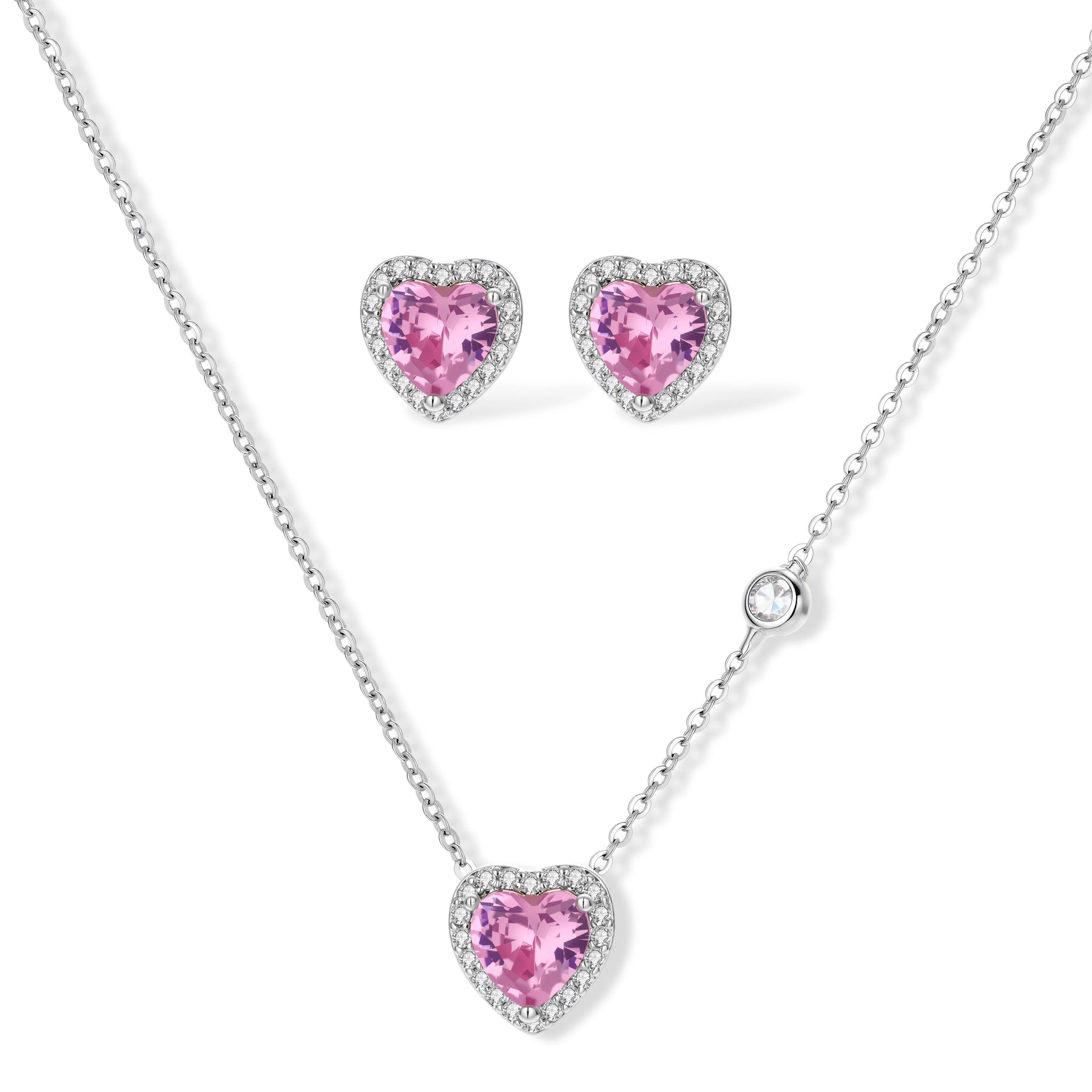Pink heart-shaped cubic zirconia jewelry set with white gold plating featuring necklace, earrings, bracelet and ring