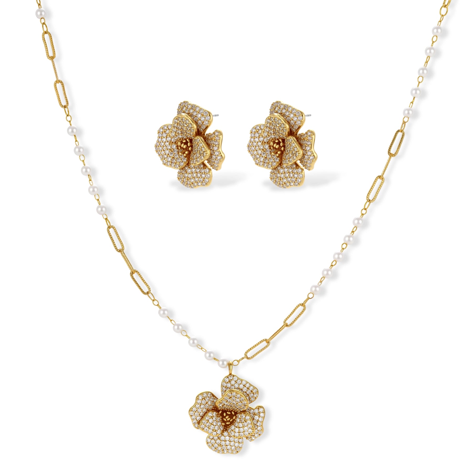 14K gold-plated floral jewelry set with blue cubic zirconia centers and pearl chain details on white background.