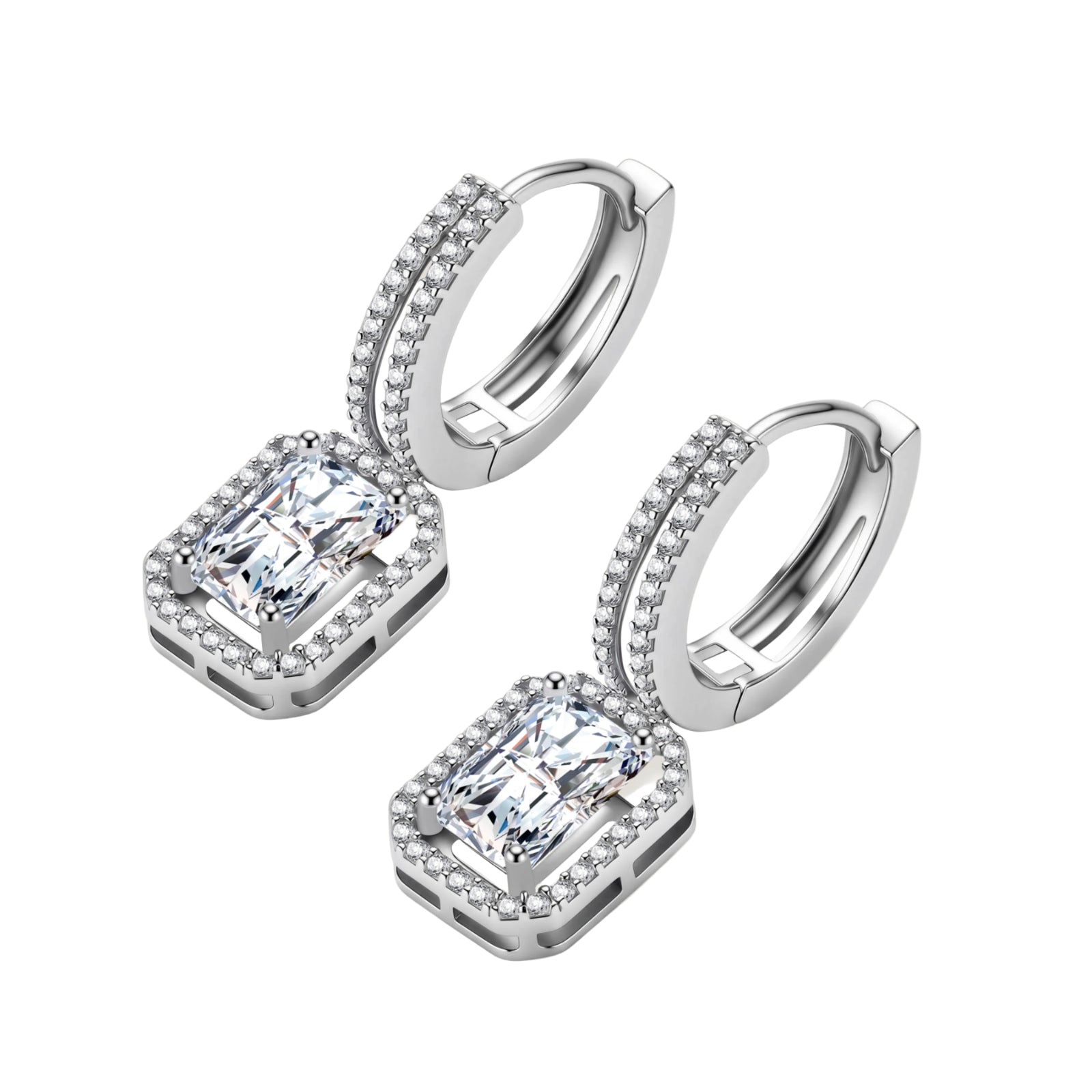 Sterling silver huggie hoops with emerald-cut moissanite drops featuring pavé-set crystals on white background.