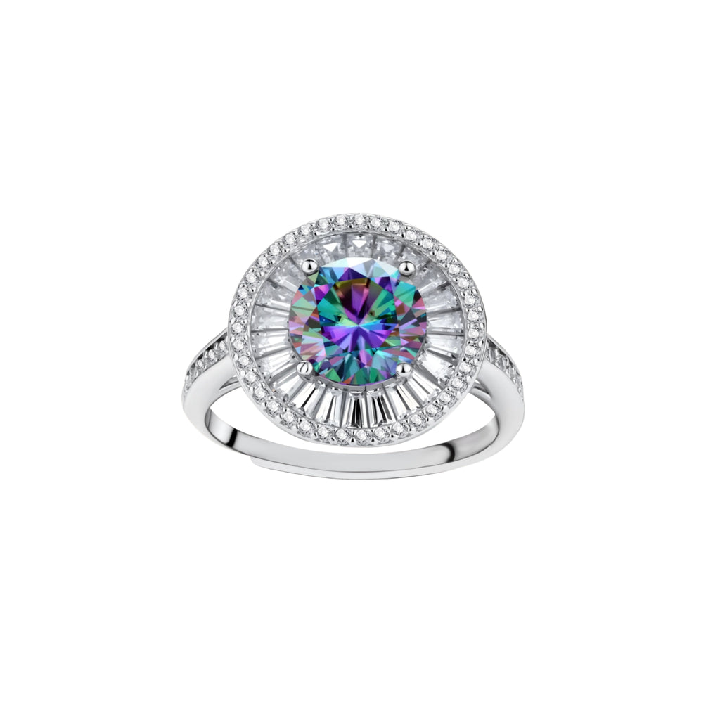 Close-up of sterling silver halo ring with round rainbow moissanite center stone surrounded by baguette-cut stones