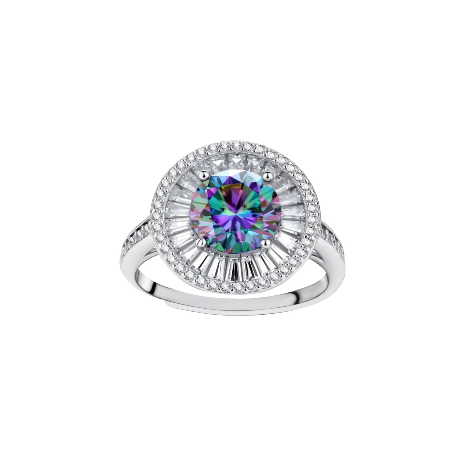 Close-up of sterling silver halo ring with round rainbow moissanite center stone surrounded by baguette-cut stones