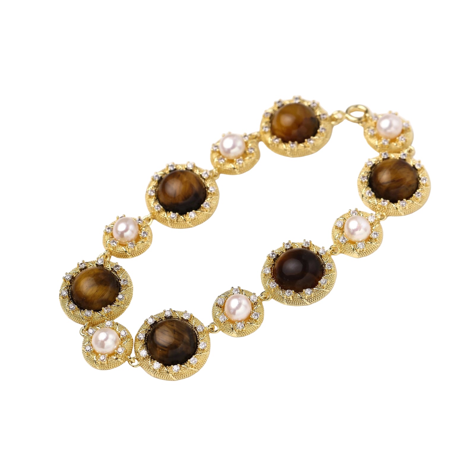 Gold-plated link bracelet with alternating brown tiger's eye stones and white freshwater pearls in ornate bezels.