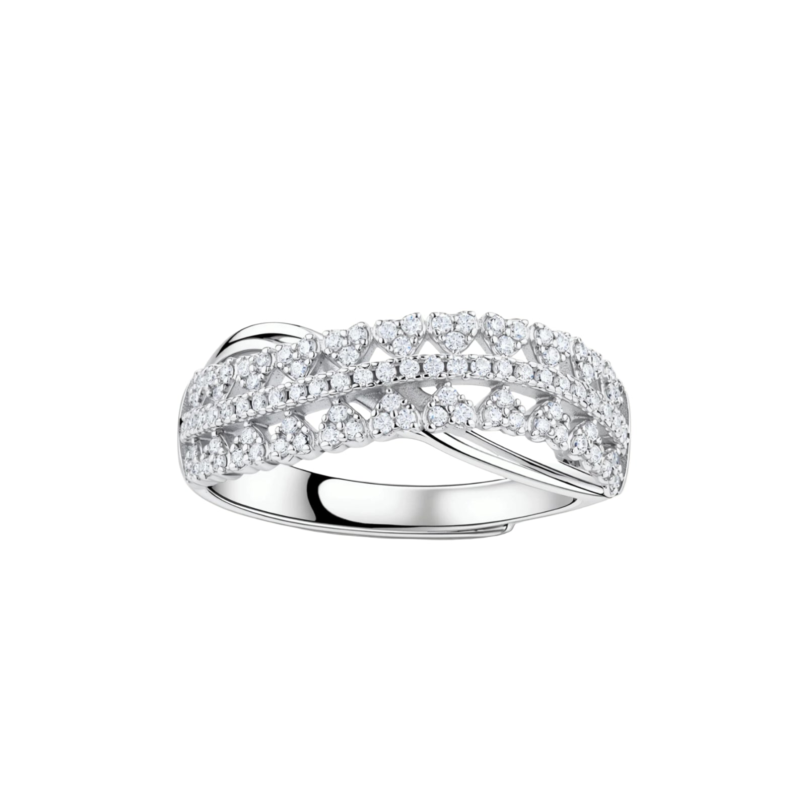 Sterling silver crossover ring with pavé-set moissanite stones creating an elegant infinity design on neutral background