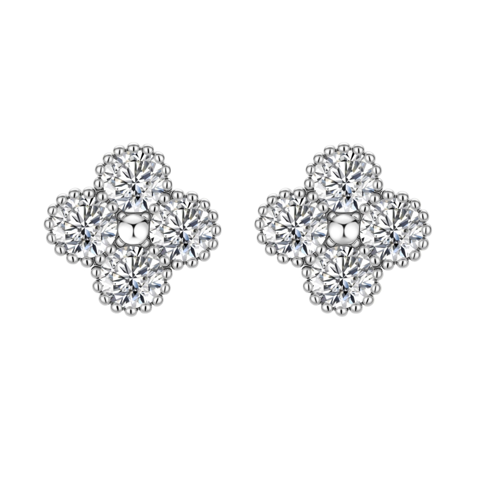 Dainty sterling silver quatrefoil stud earrings with four brilliant moissanite stones and center accent on white background.