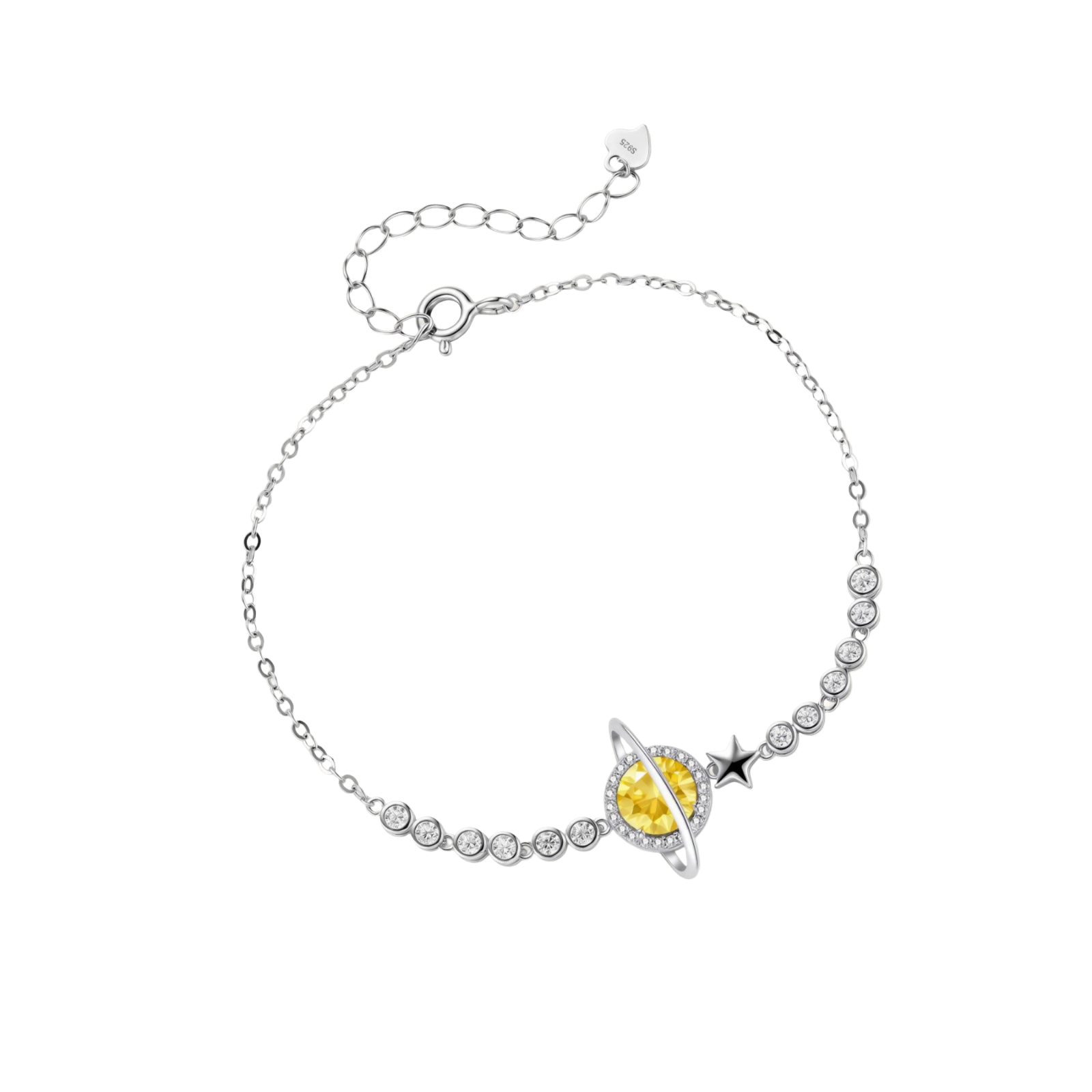 Sterling silver bracelet with yellow moissanite centerpiece in oval setting, crystal chain, and star charm on white background.