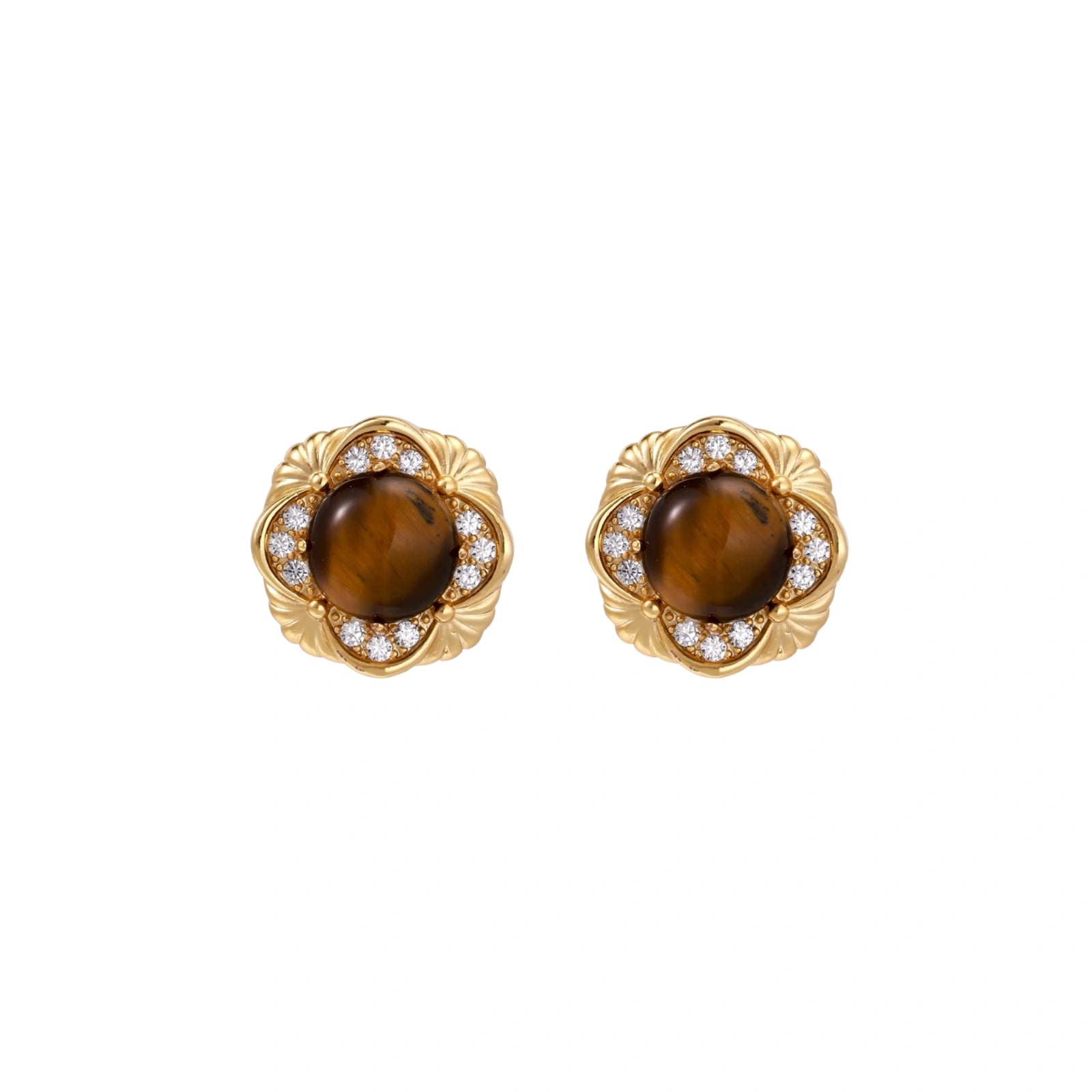 Gold-plated stud earrings with ornate floral frames surrounding cabochon tiger's eye stones and zirconia accents