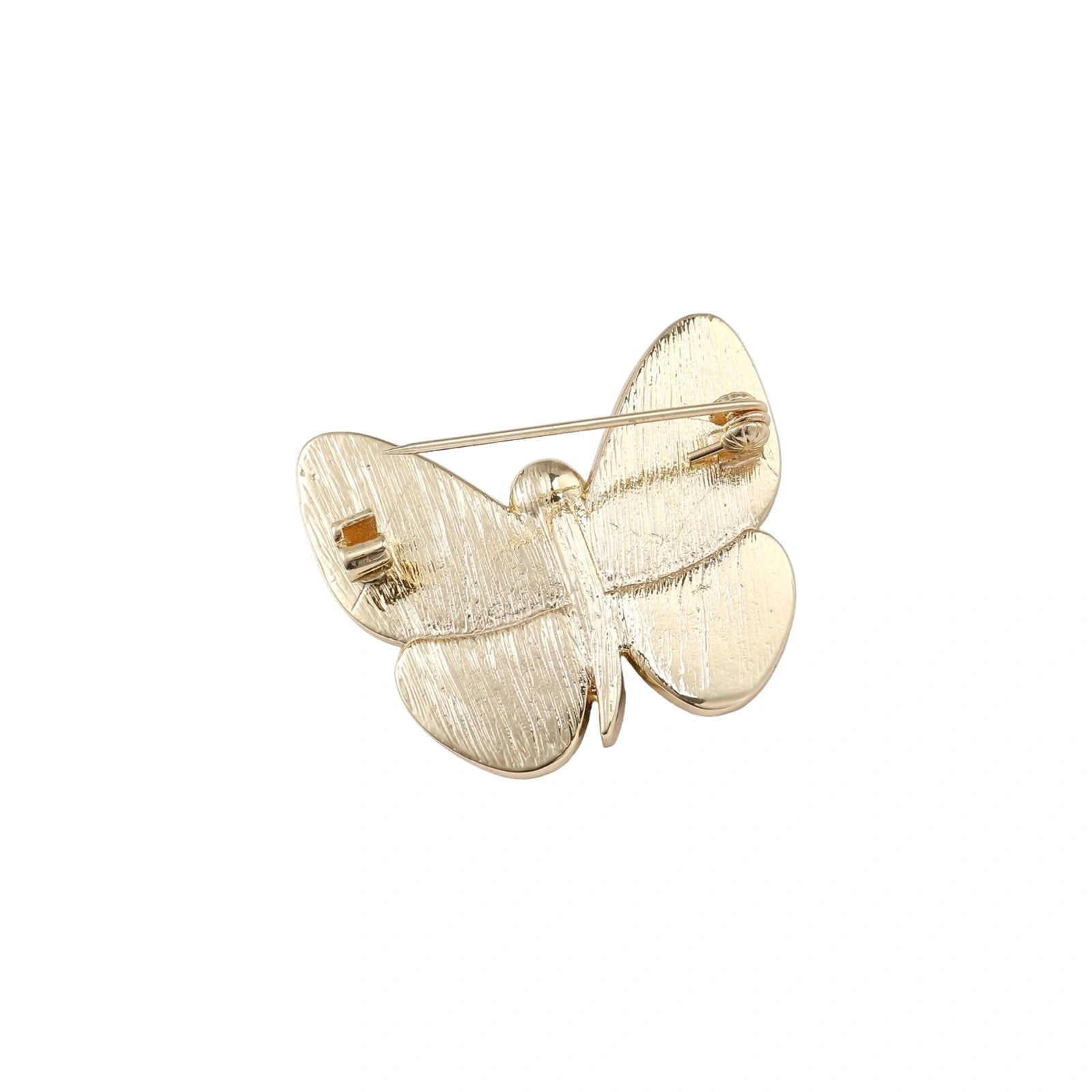 Gold-plated butterfly brooch with iridescent abalone shell wings and freshwater pearl accent on cream background.