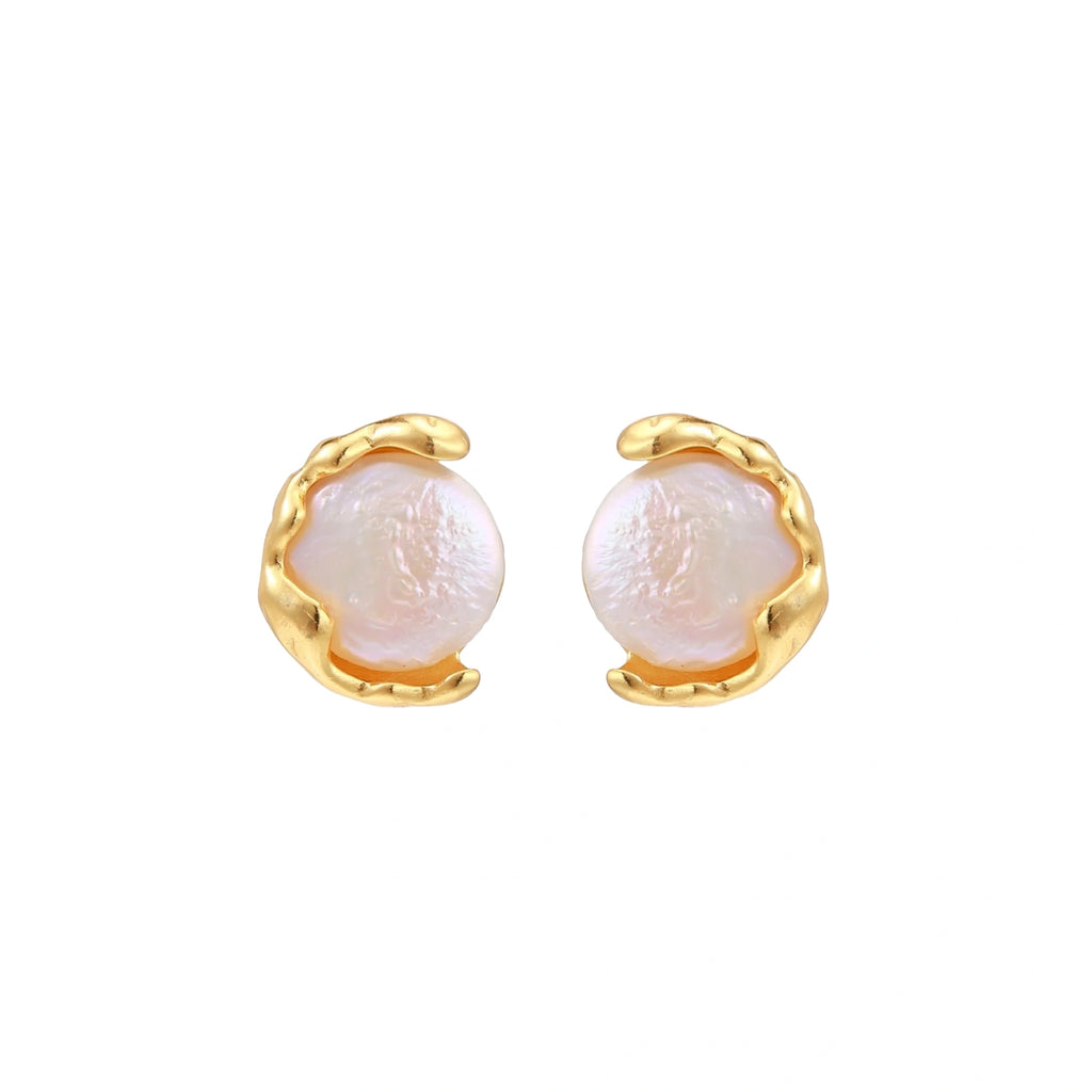 Gold vermeil studs with lustrous pink freshwater pearls in organic crescent settings