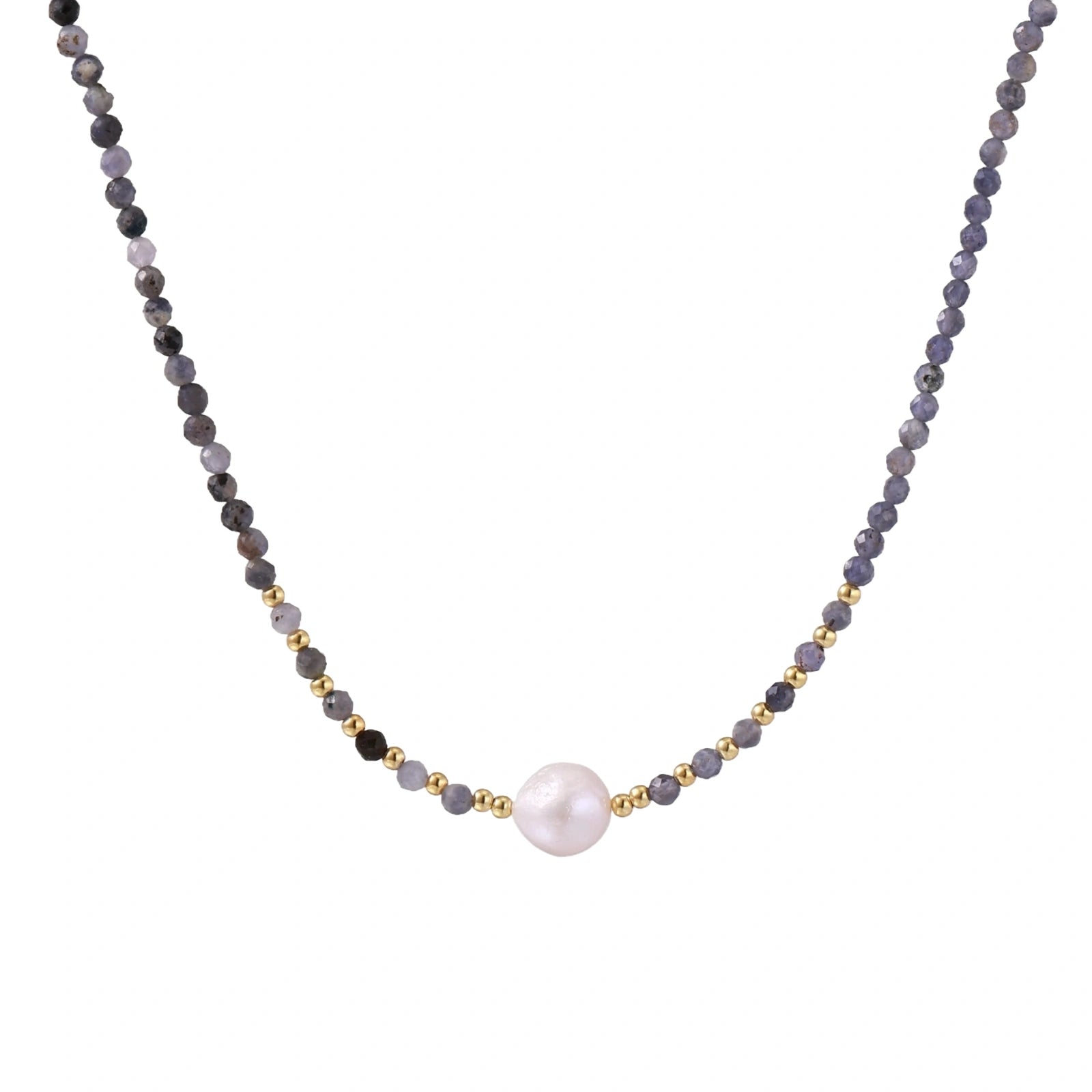 Dainty necklace with faceted purple iolite beads, gold vermeil accents, and central pink-white freshwater pearl.
