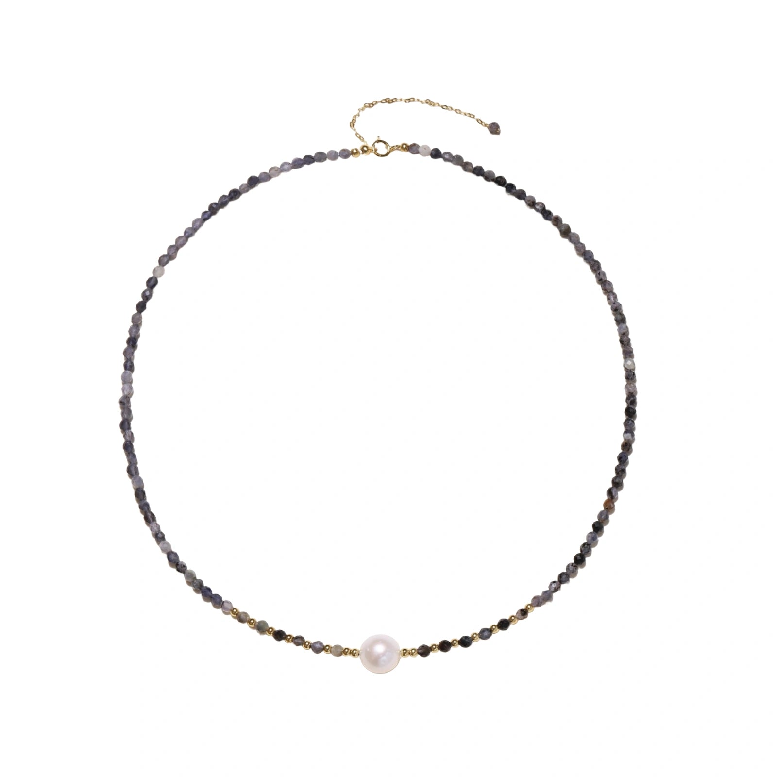 Dainty necklace with faceted purple iolite beads, gold vermeil accents, and central pink-white freshwater pearl.