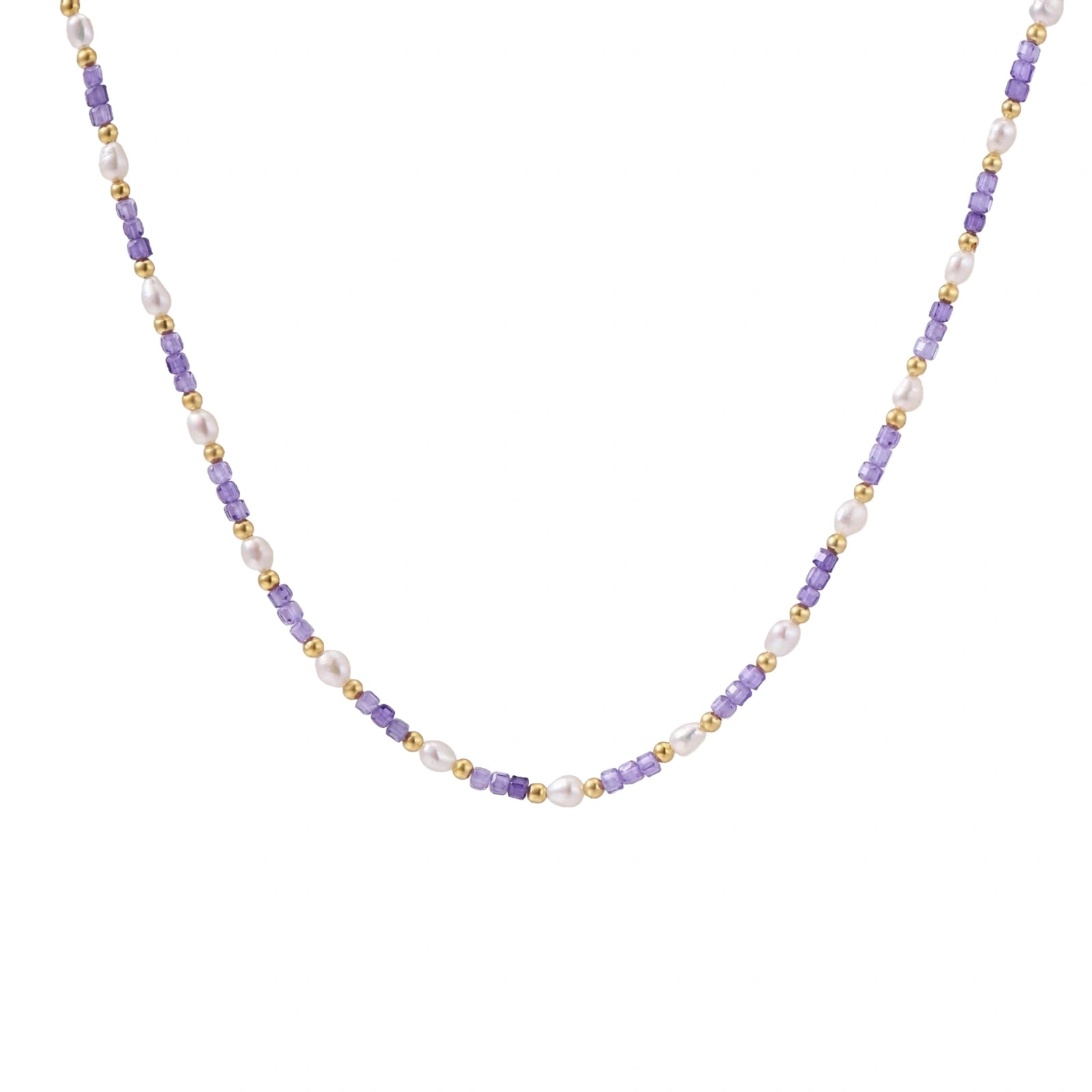 Delicate 18K gold vermeil necklace with alternating lavender zirconia beads and white freshwater pearls on cream background