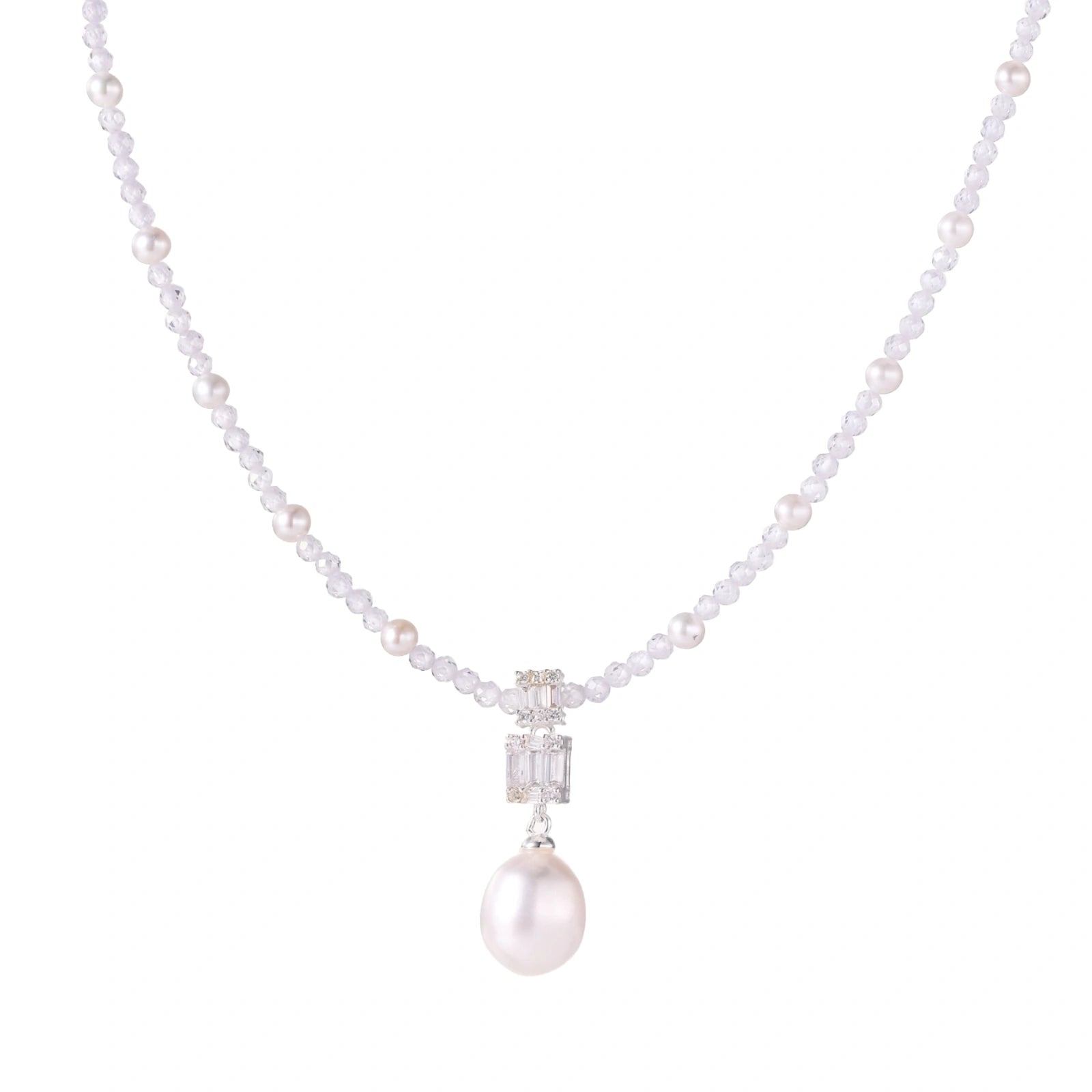 Dainty necklace with lavender crystal beads, freshwater pearls, geometric pendant, and large pearl drop on white background.