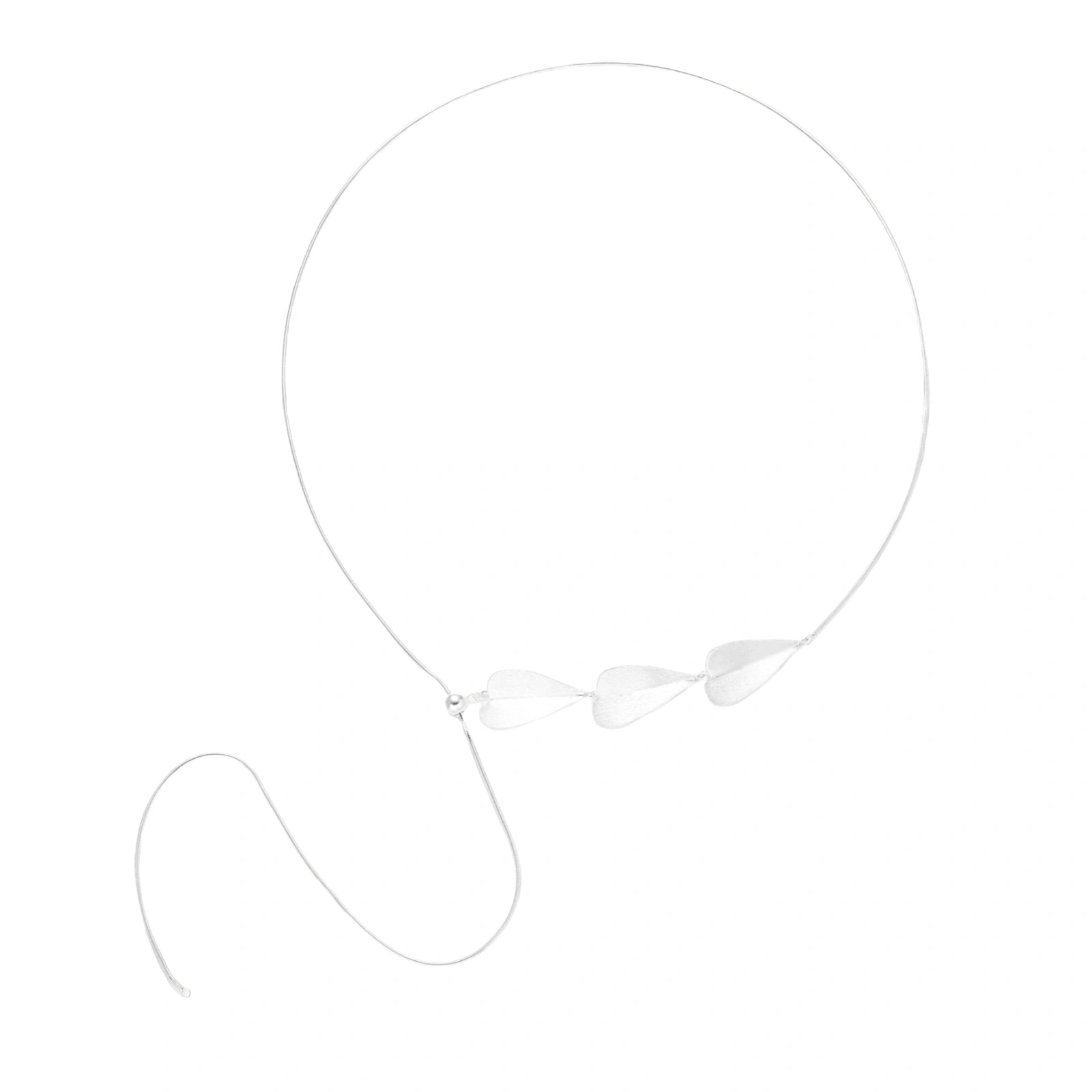 Minimalist sterling silver necklace with three brushed leaf-shaped pendants on delicate chain against white background