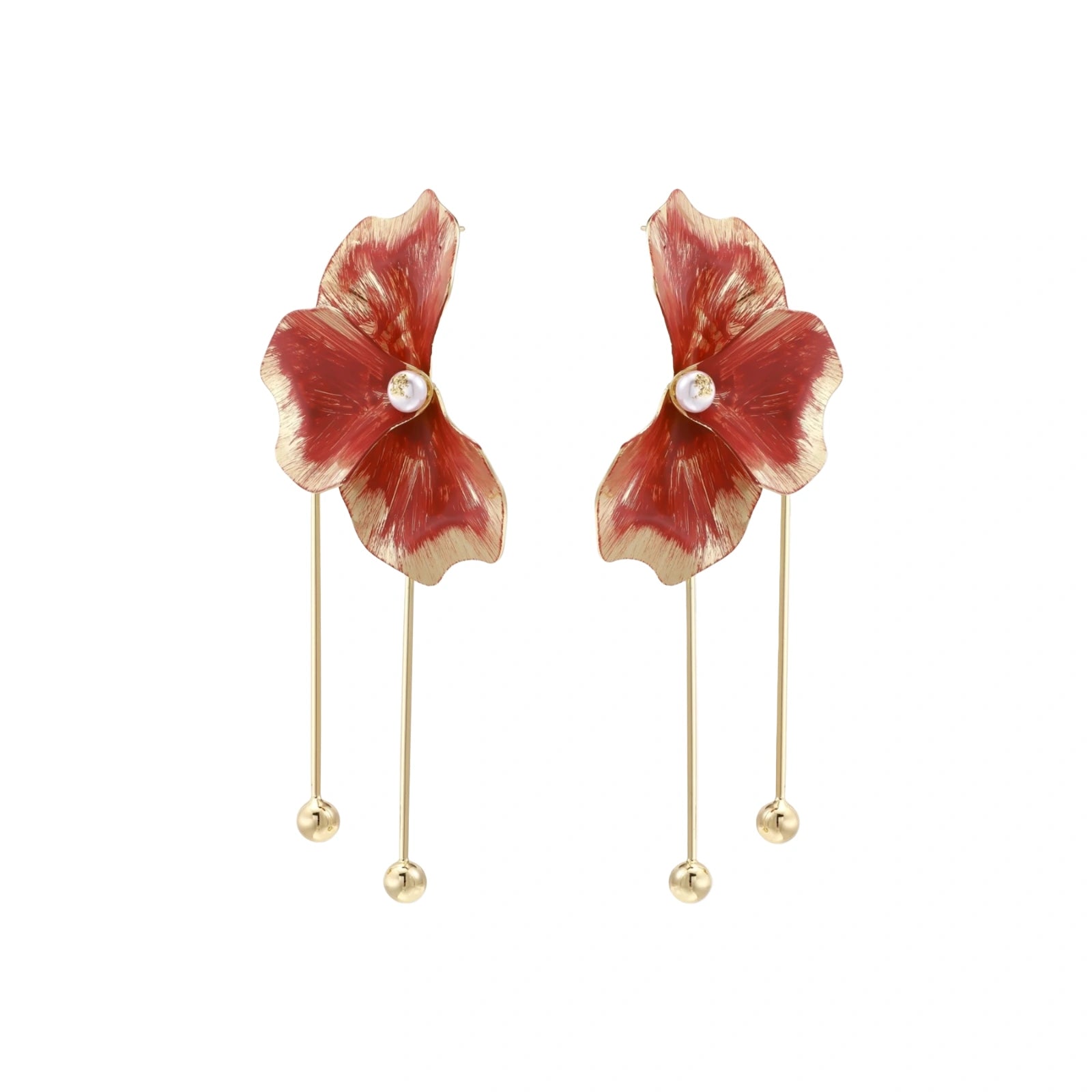 Red enamel flower earrings with gold-plated stems, central pearl, and gradient coral-to-gold petals on white background