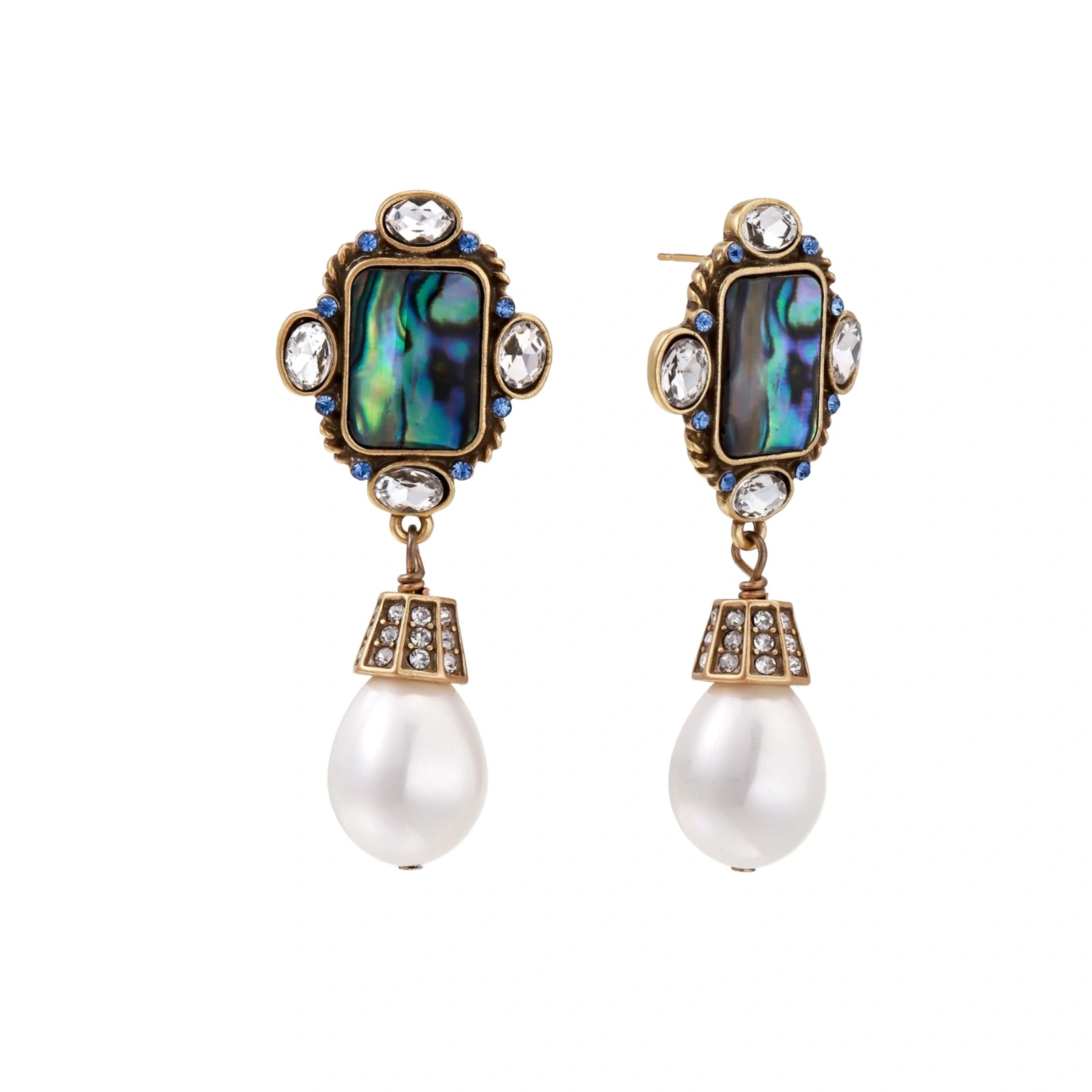 Ornate gold-plated drop earrings with rectangular abalone shell centers, crystal accents, and baroque pearl drops