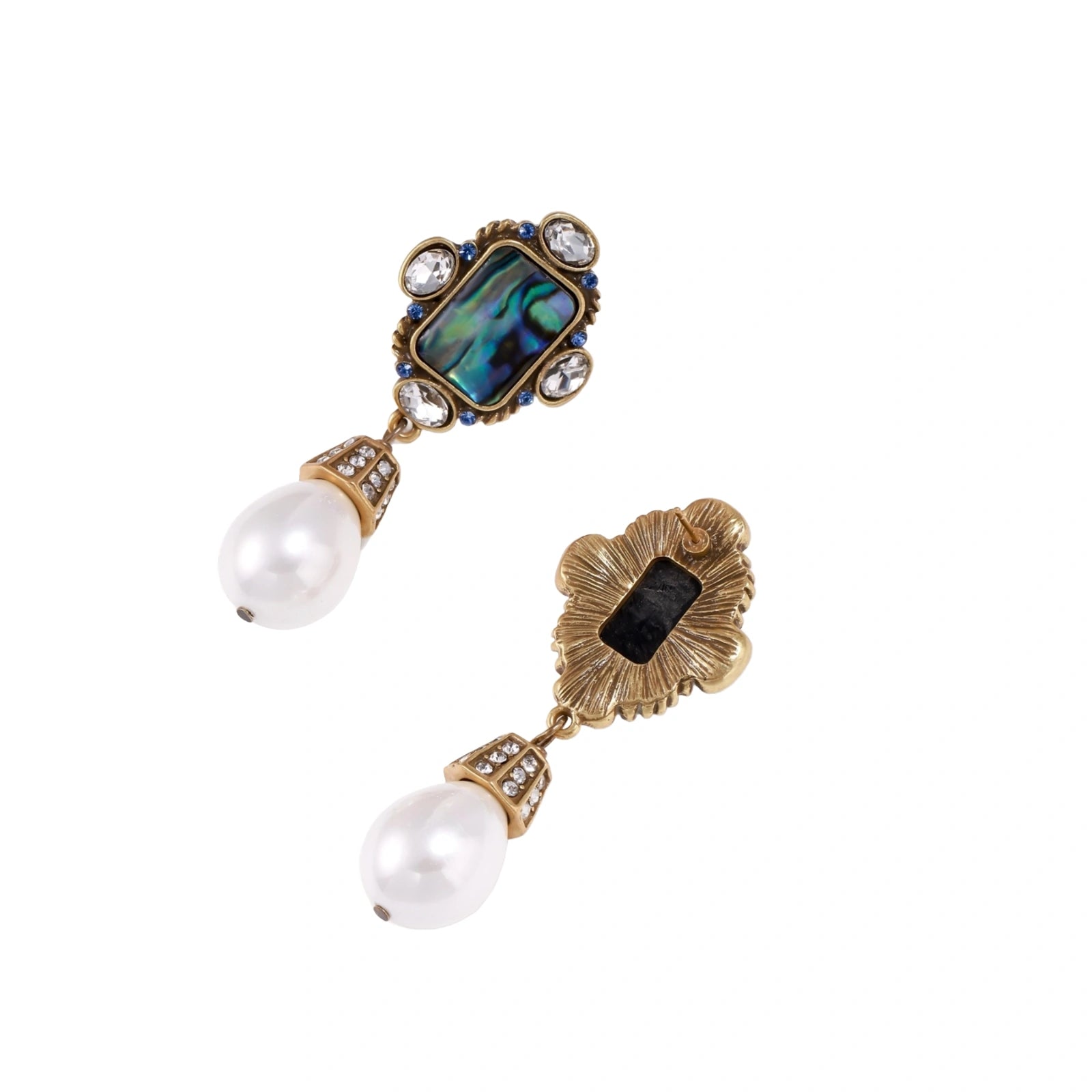 Ornate gold-plated drop earrings with rectangular abalone shell centers, crystal accents, and baroque pearl drops