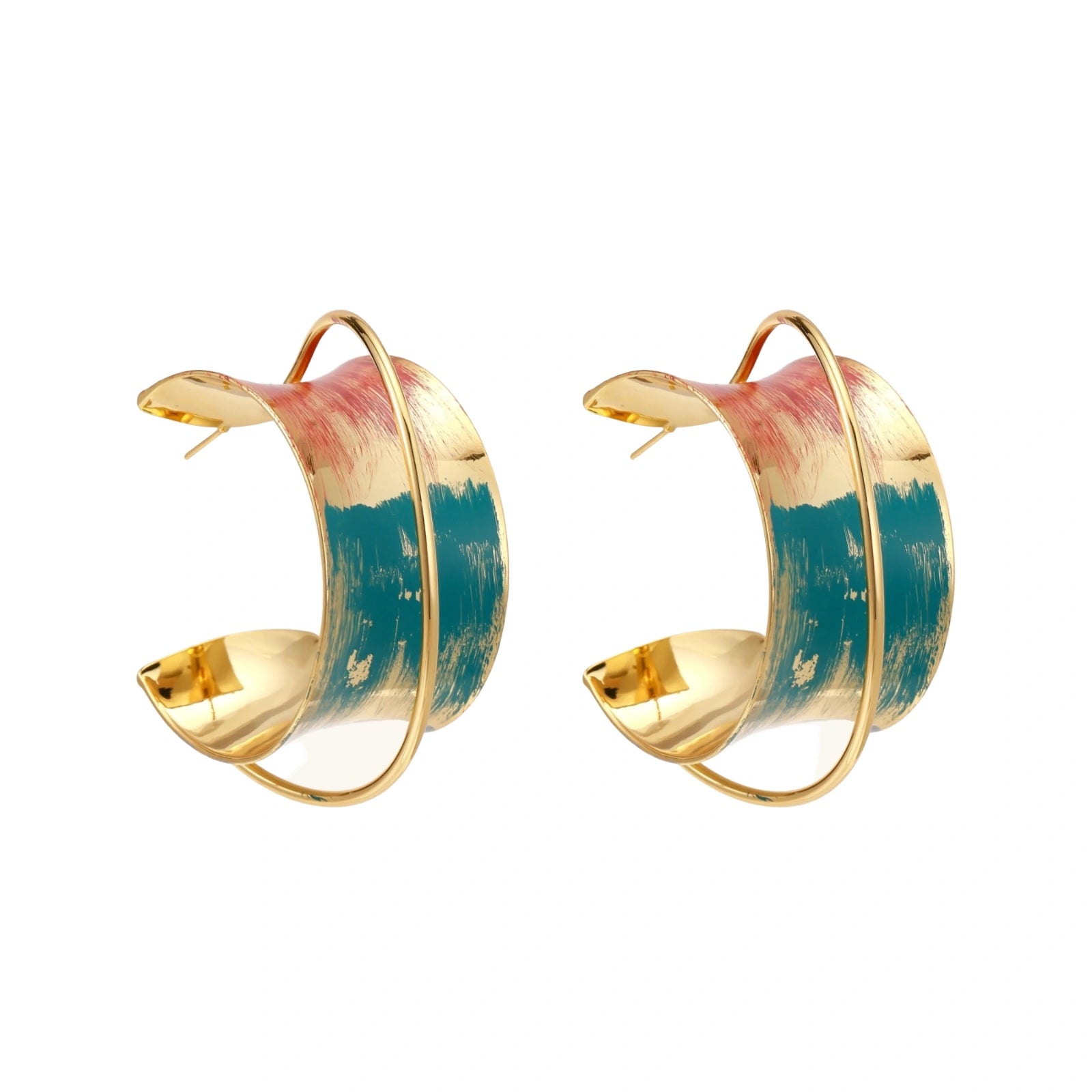 Gold-plated hoop earrings with teal and coral enamel brushstroke design on cream background