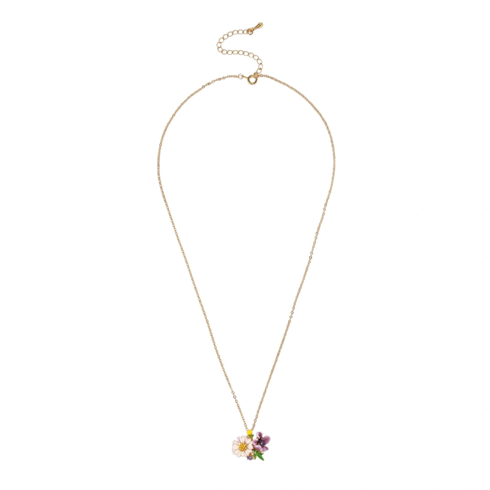 Gold-plated necklace with pink and purple enamel flower pendant featuring crystal accents on cream background