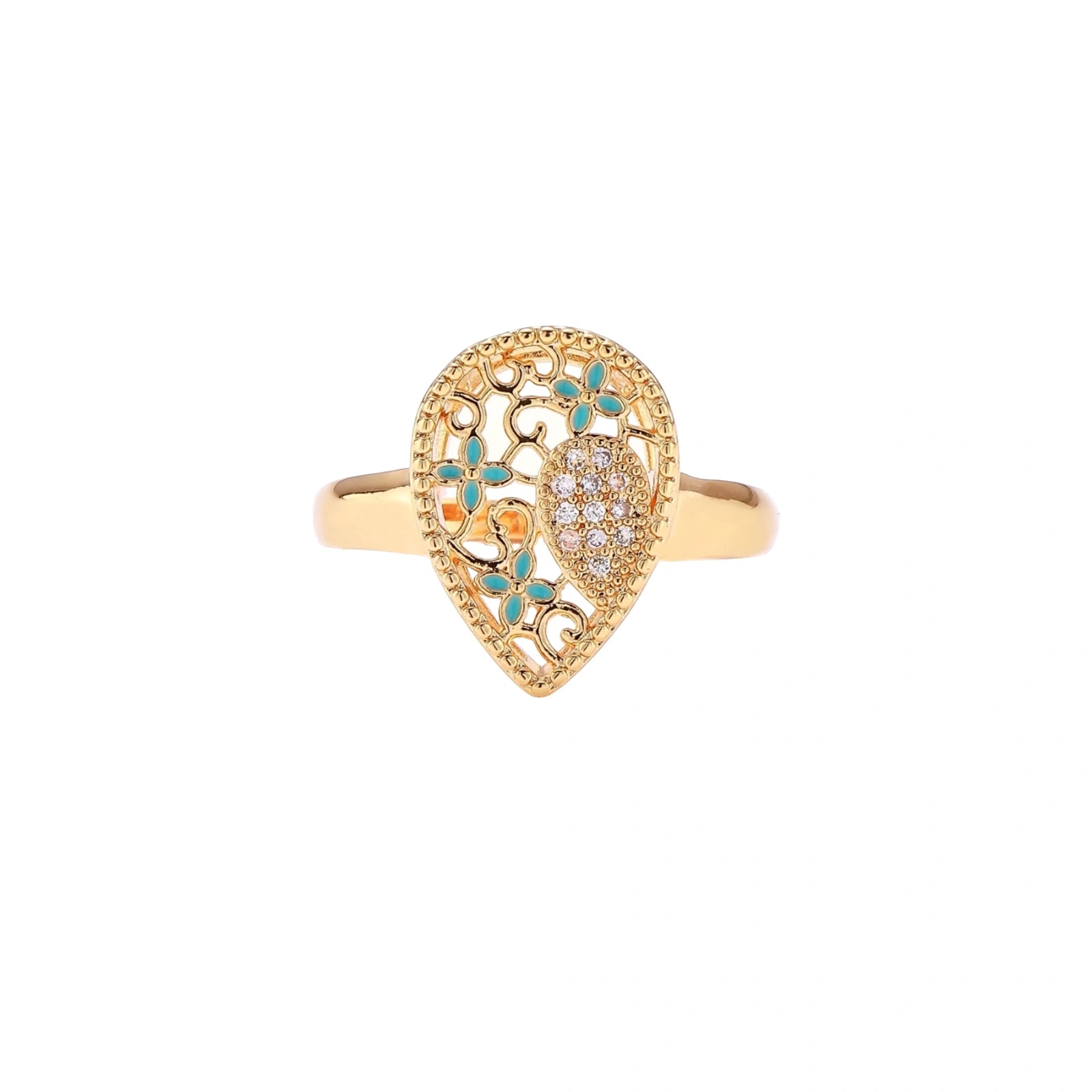 Teardrop-shaped gold-plated ring with turquoise enamel flowers and crystal pavé detail on cream background