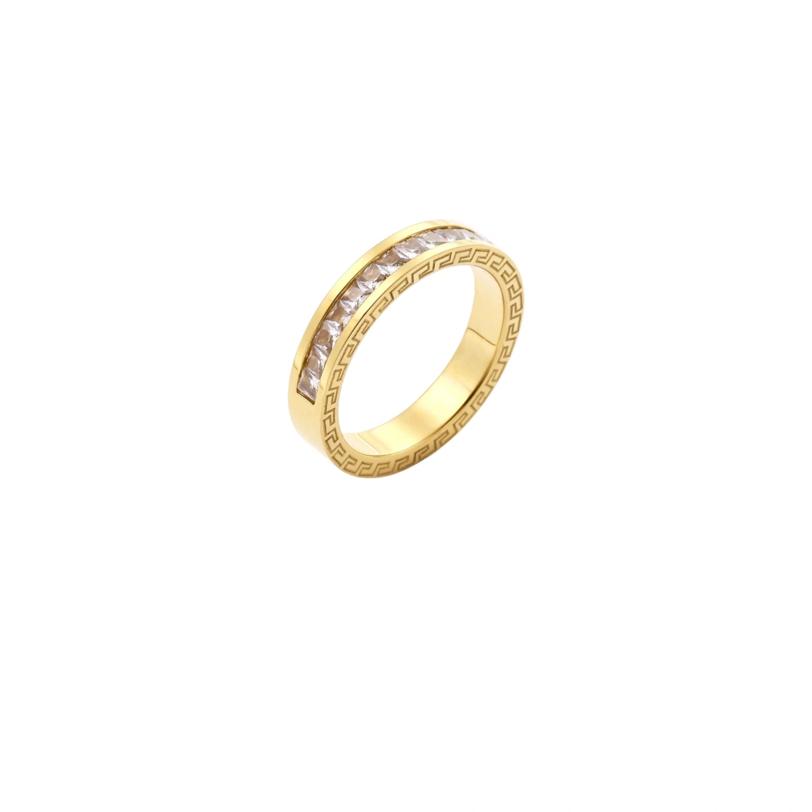 14K gold-plated band with channel-set zirconia and Greek key pattern engraving on polished finish