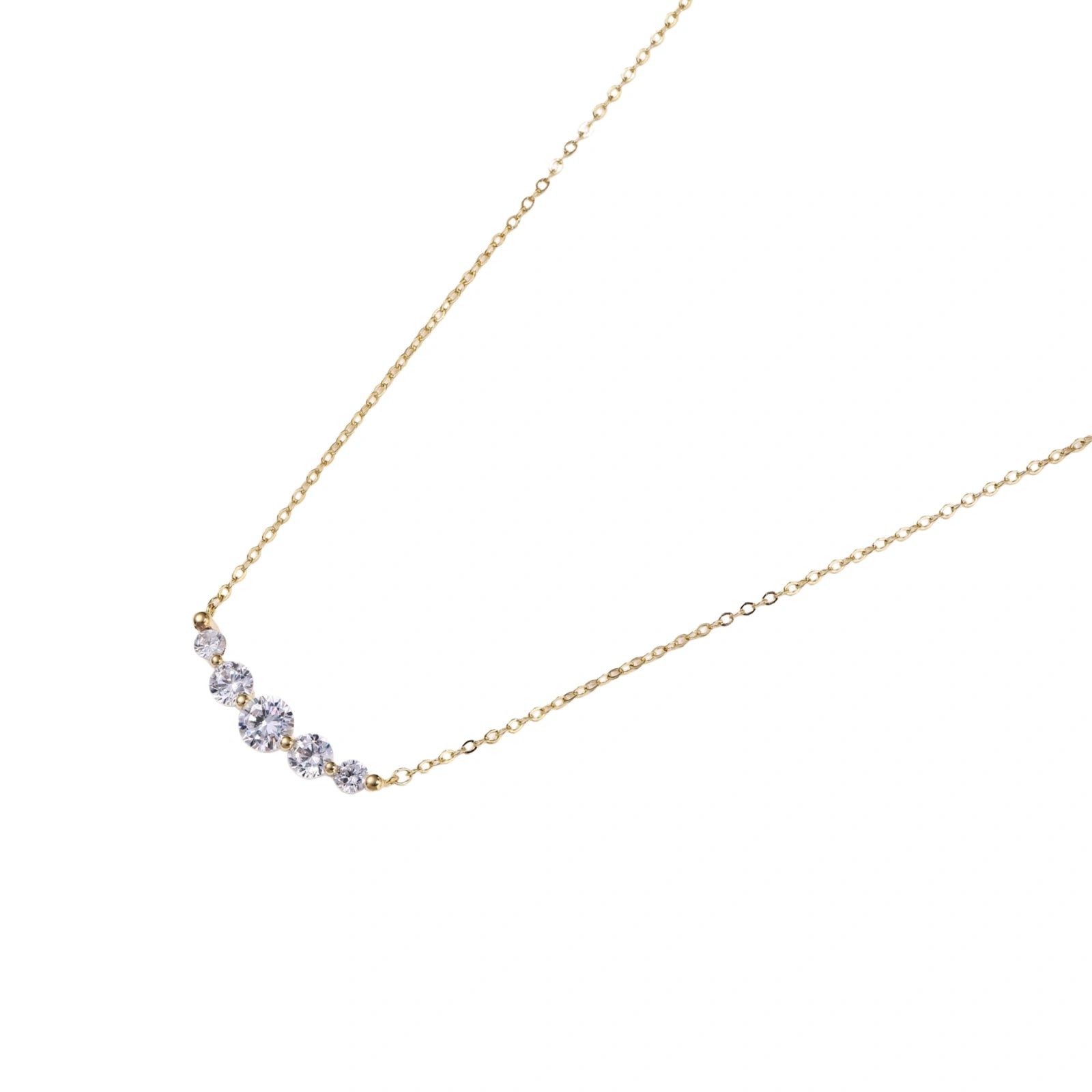 Delicate 14K gold-plated necklace with five graduated zirconia stones arranged in a curved arc on fine chain