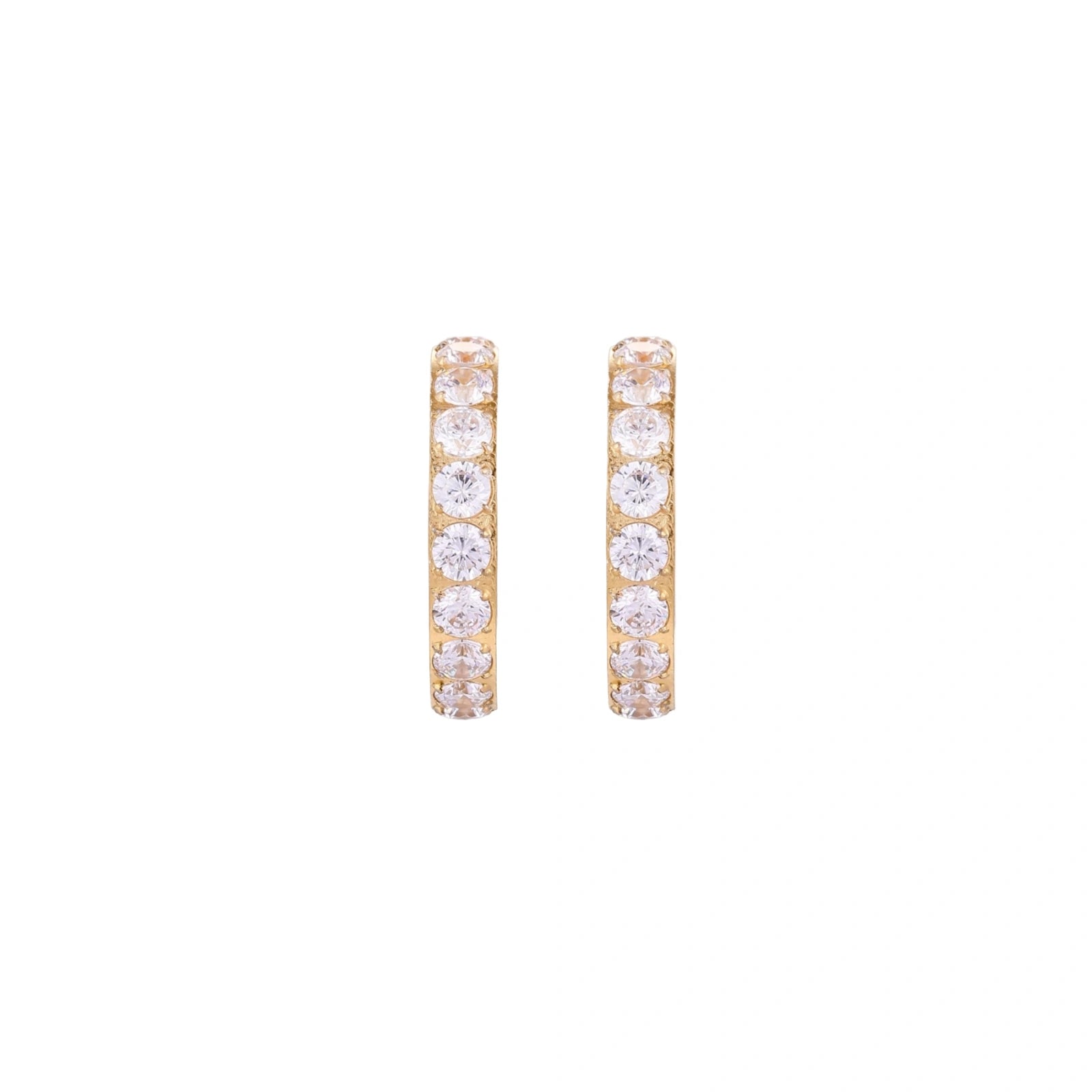 Gold pavé hoop earrings with two freshwater pearls nestled inside the curved design, featuring crystal-studded outer edge.