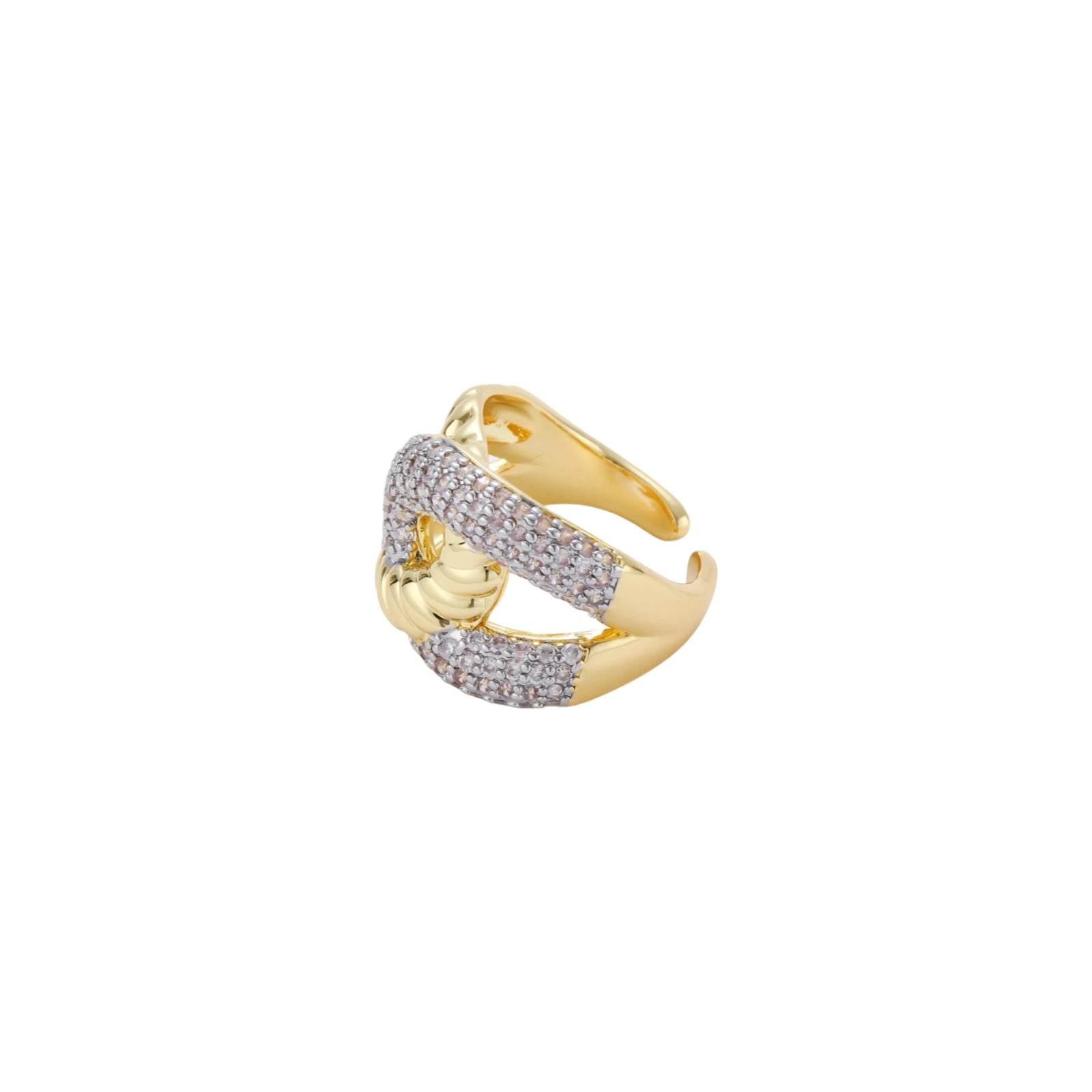 Chunky gold-plated chain-link ring with curved segments and sparkling zirconia crystals on neutral background