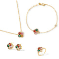 Gold-plated clover jewelry set with red, pink, green and champagne CZ stones surrounded by crystal borders