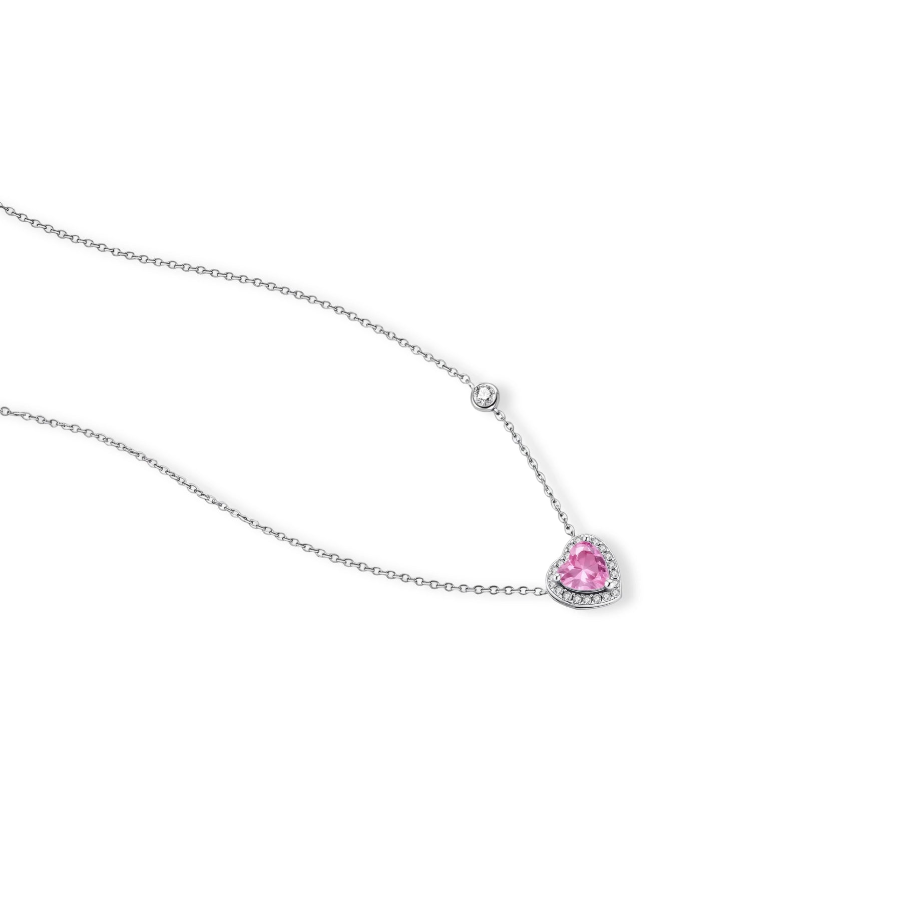 Pink heart-shaped cubic zirconia jewelry set with white gold plating featuring necklace, earrings, bracelet and ring