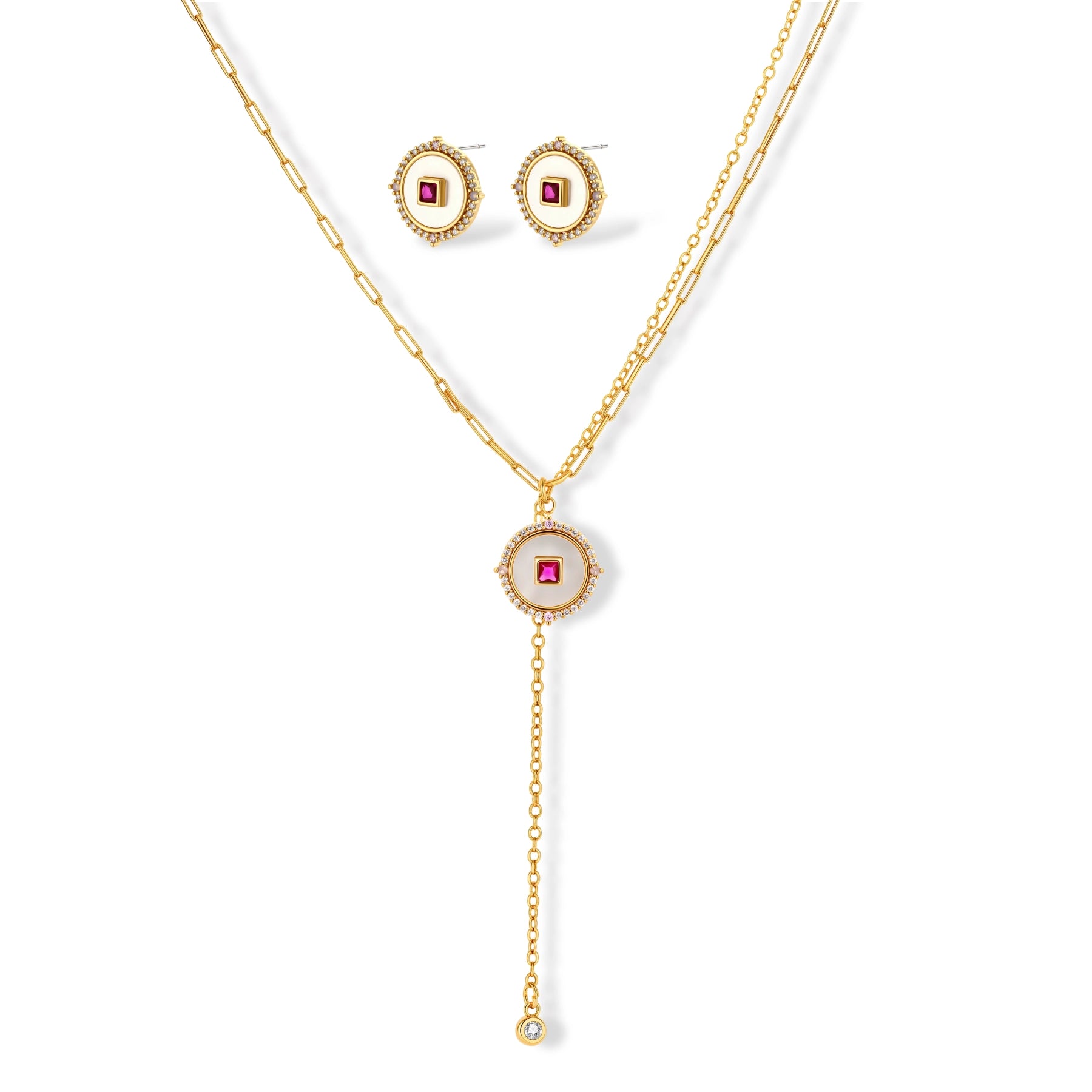 Gold-plated circular medallion necklace set with white enamel base and pink cubic zirconia accent stones