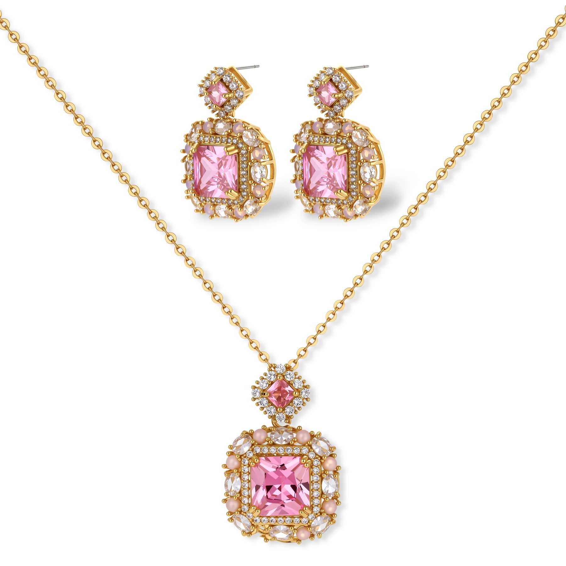 14K gold-plated jewelry set featuring square-cut cubic zirconia stones in ornate layered settings on white background.