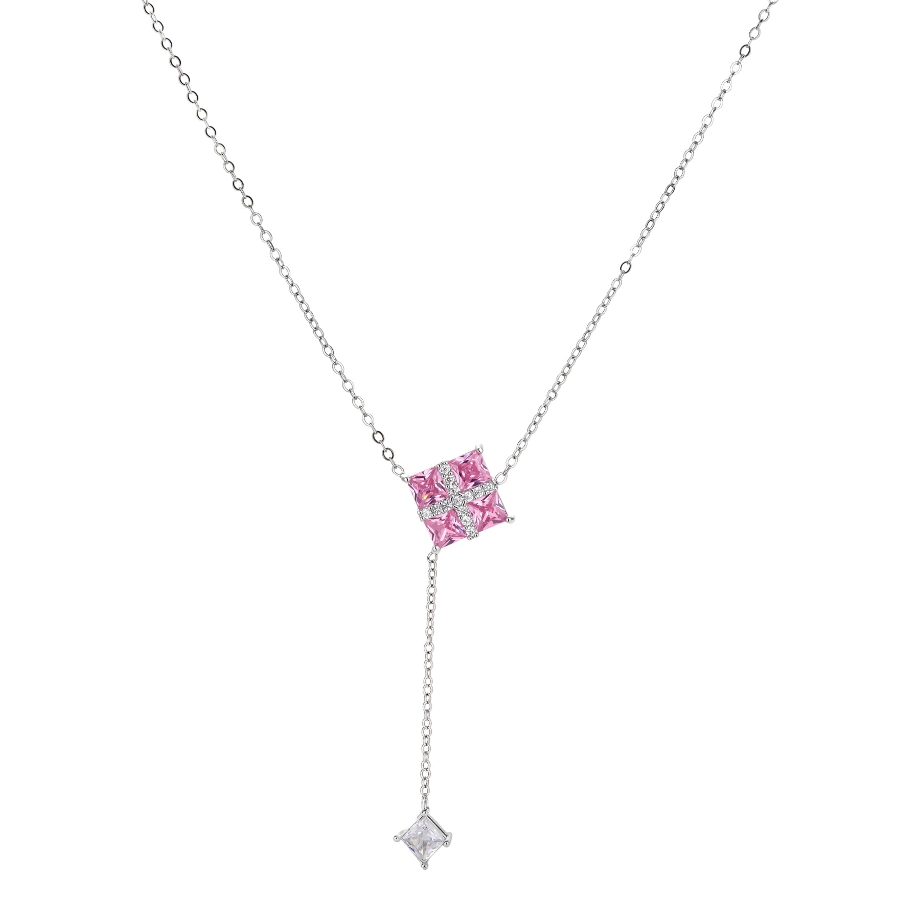 White gold plated jewelry set with pink cubic zirconia stones in geometric cross design, featuring Y-necklace and square stud earrings