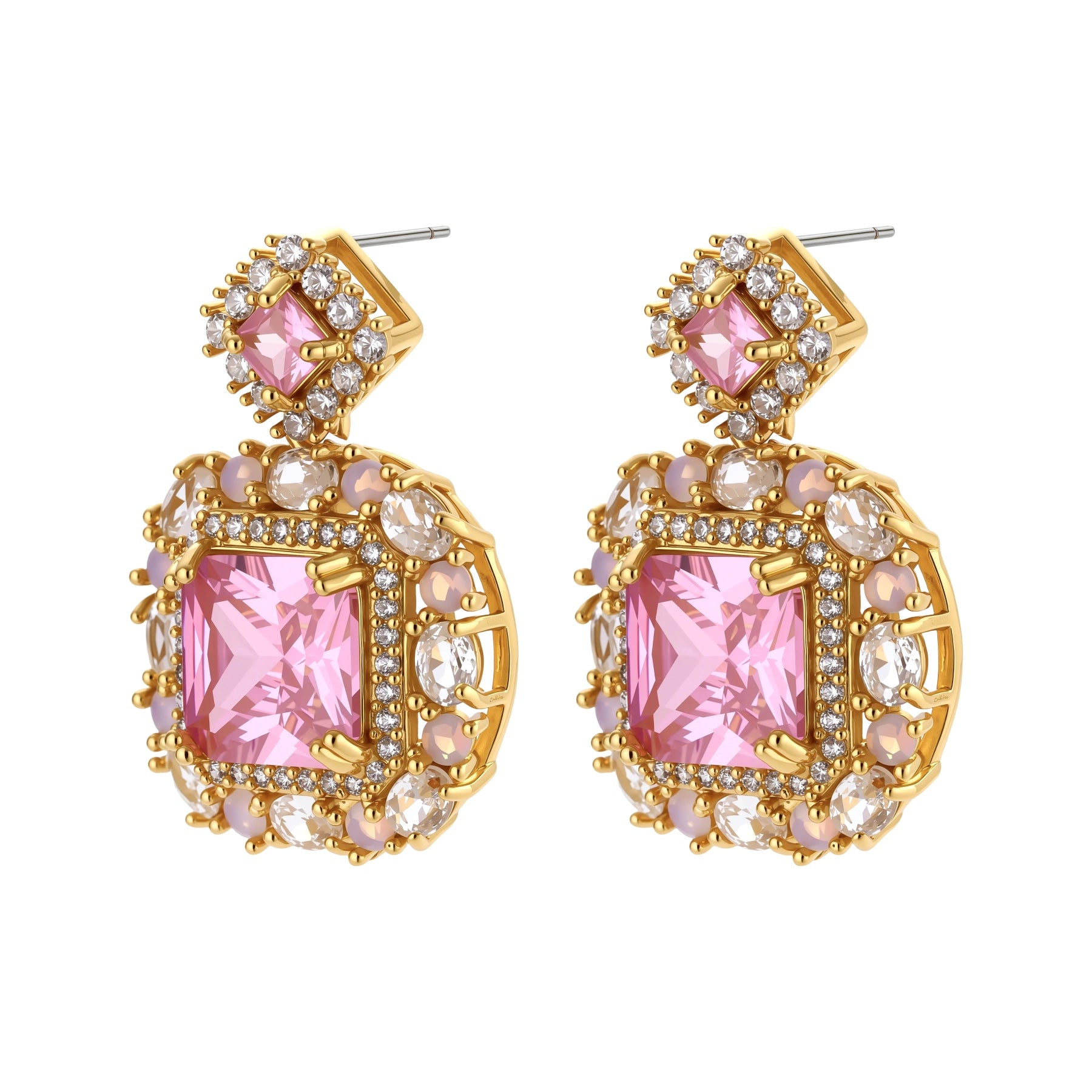 14K gold-plated jewelry set featuring square-cut cubic zirconia stones in ornate layered settings on white background.