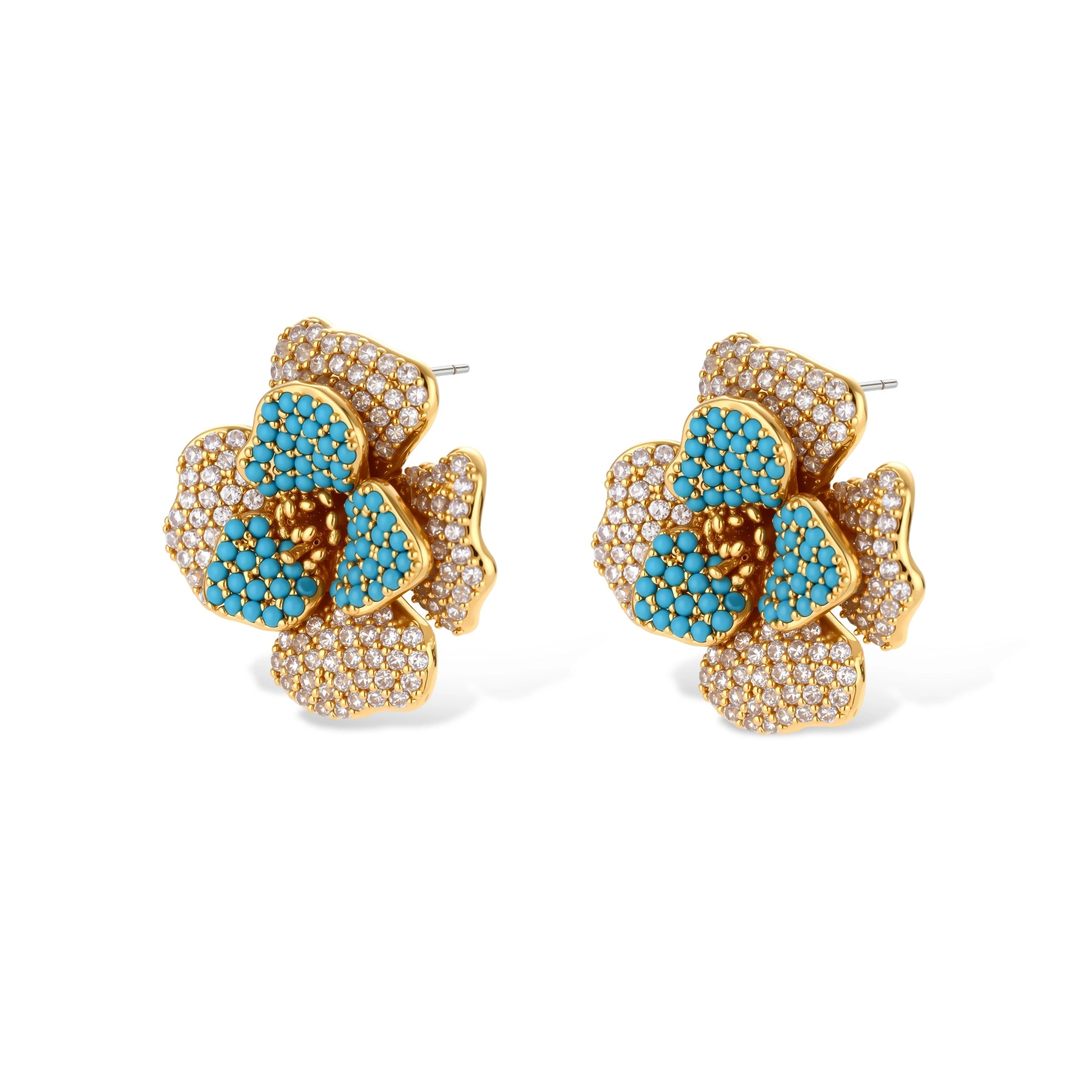 14K gold-plated floral jewelry set with blue cubic zirconia centers and pearl chain details on white background.