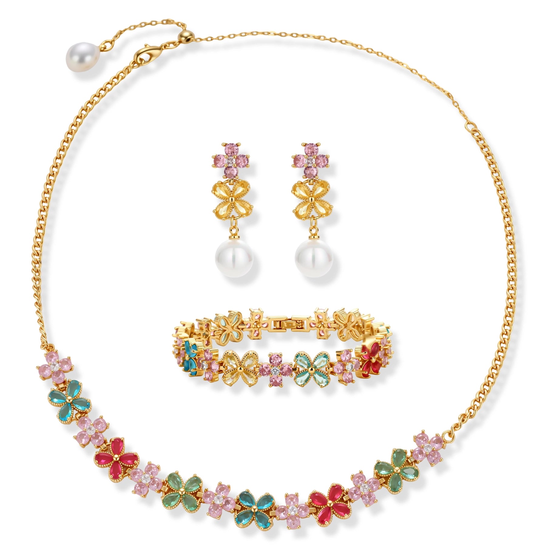 Gold-plated jewelry set with pink, turquoise and red flower-shaped cubic zirconia stones, featuring necklace, earrings and bracelet.
