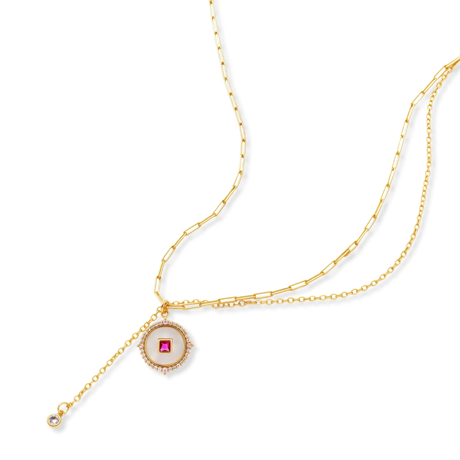 Gold-plated circular medallion necklace set with white enamel base and pink cubic zirconia accent stones