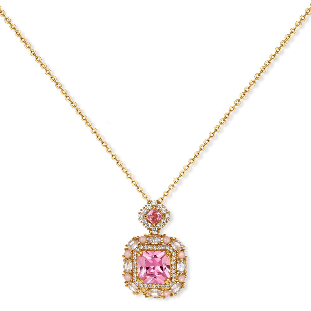 14K gold-plated jewelry set featuring square-cut cubic zirconia stones in ornate layered settings on white background.