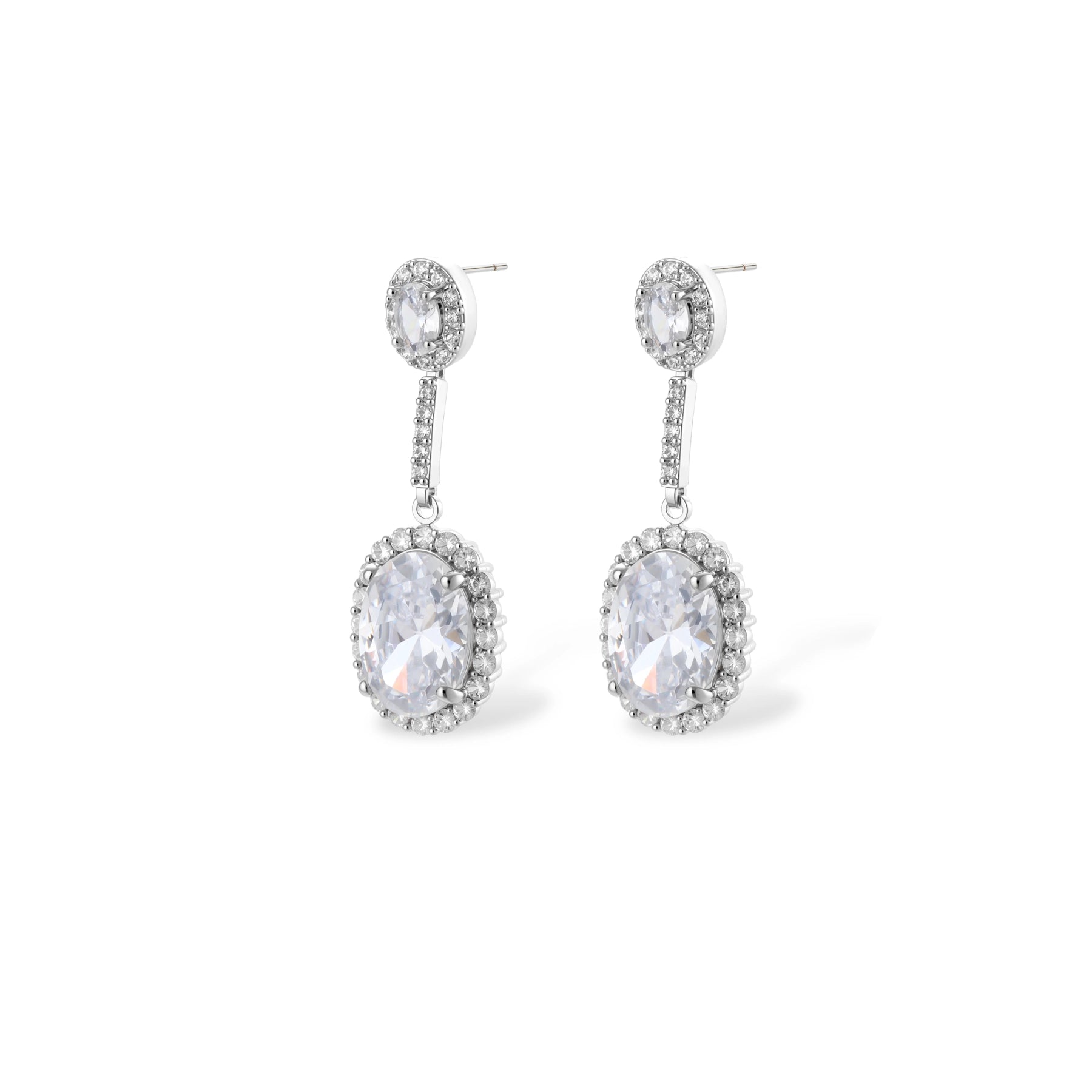 Elegant white gold plated jewelry set with oval cubic zirconia stones in halo settings, featuring Y-necklace and drop earrings.